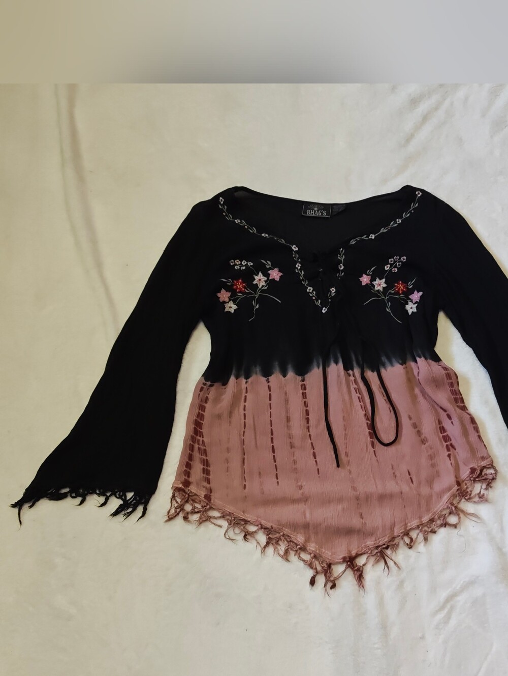 Black and Mauve Tie-Dye Fringe Hem Women’s Top